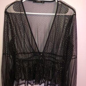 Black sheer blouse with plunge v-neck long sleeves and tie front.